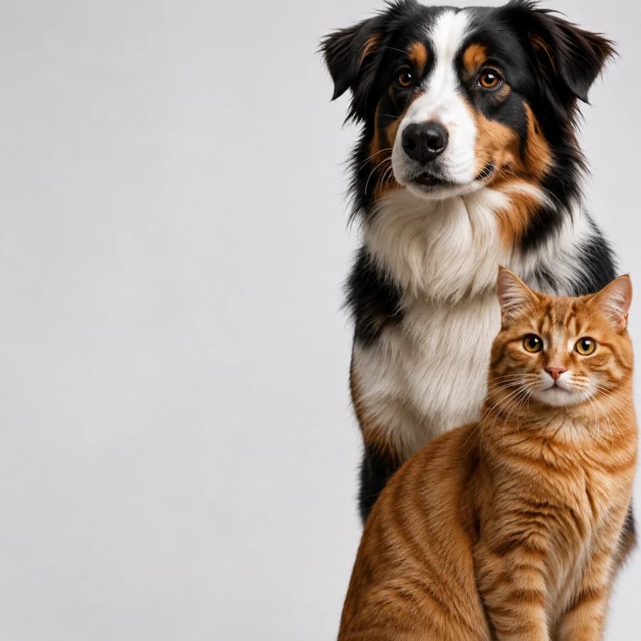Cão pastor australiano e gato laranja lado a lado