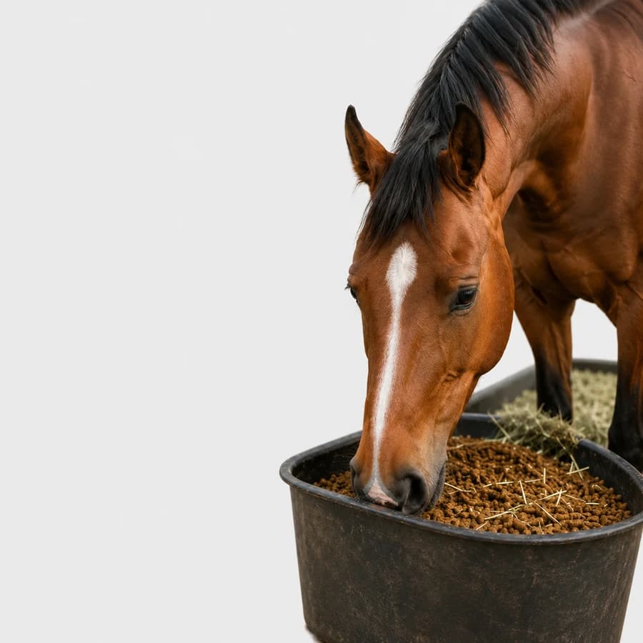 Cavalo baio comendo feno em balde no cocho