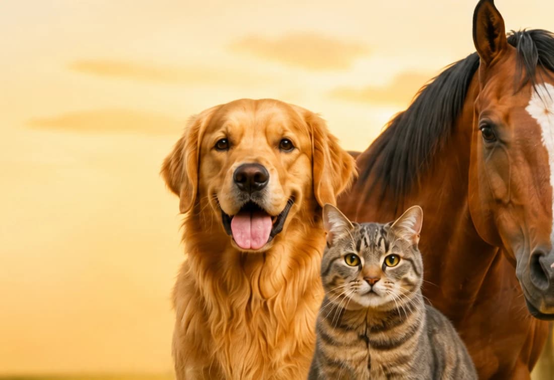 Cão, gato, cavalo, vaca e galinha lado a lado em campo aberto