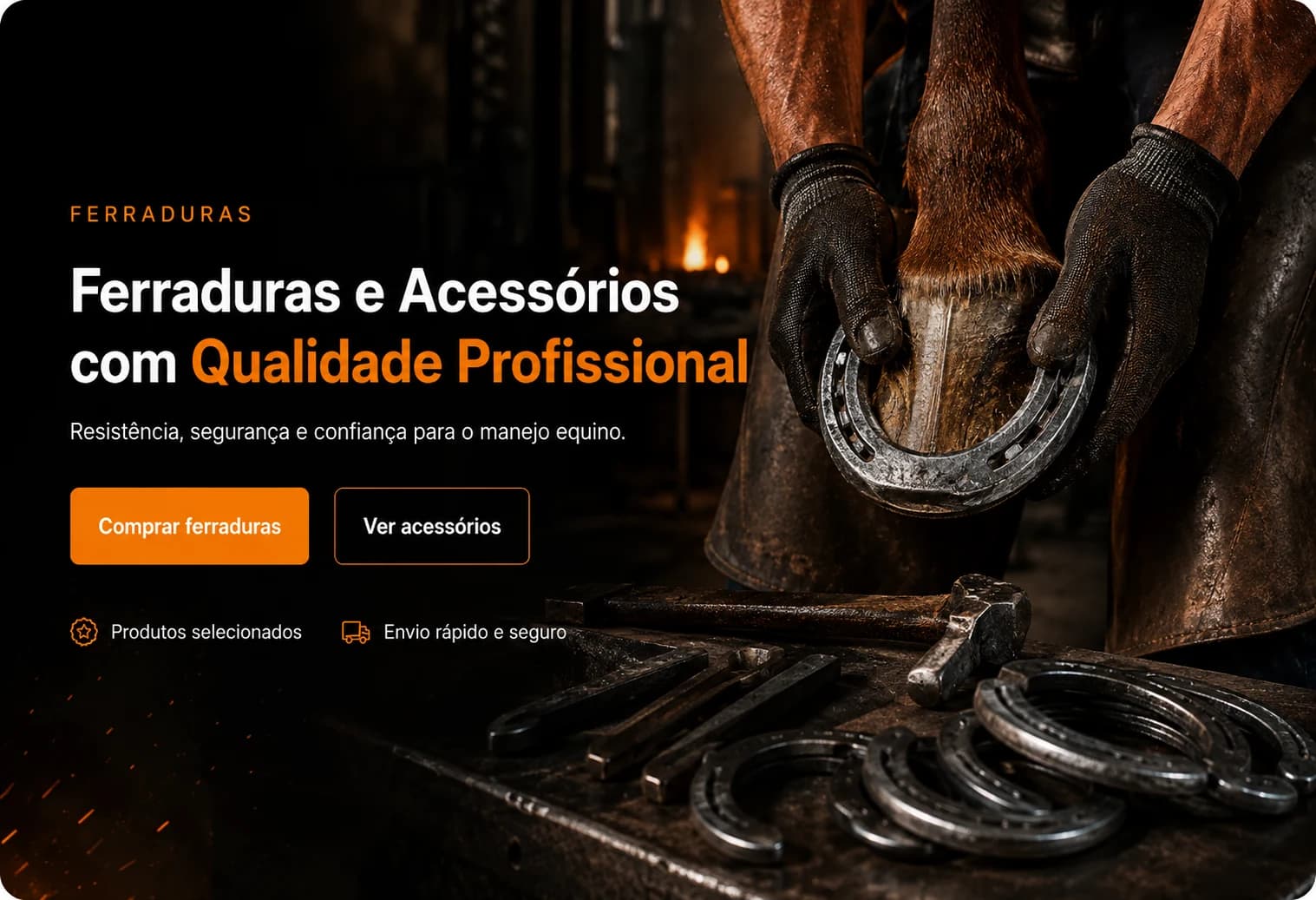 Ferrador segurando o casco de um cavalo, com ferraduras de aço ao lado
