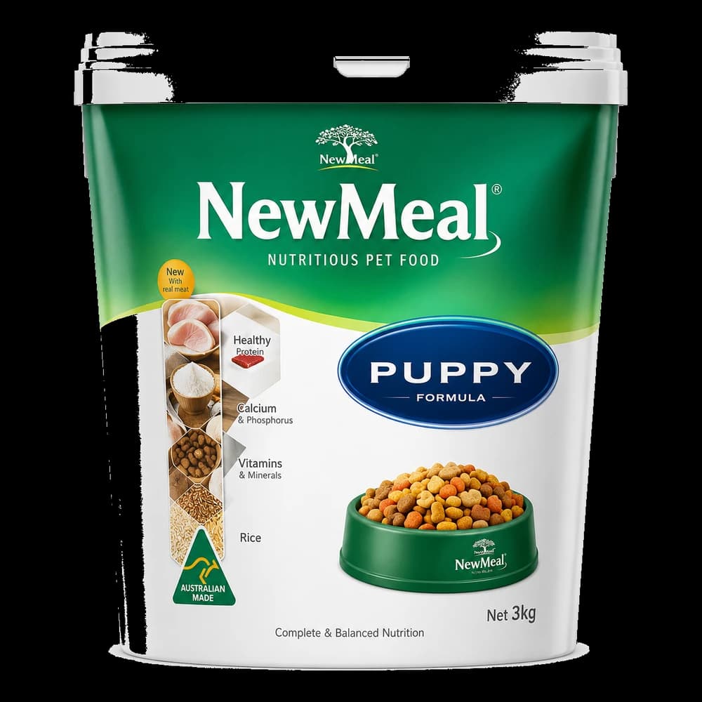 Embalagem verde e branca de 2 kg de NewMeal Puppy Formula